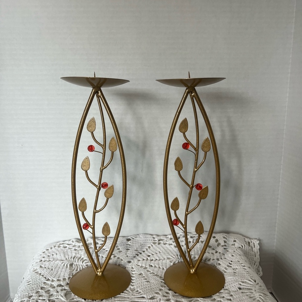 Elegant Gold and Red Leaf Candle Holders